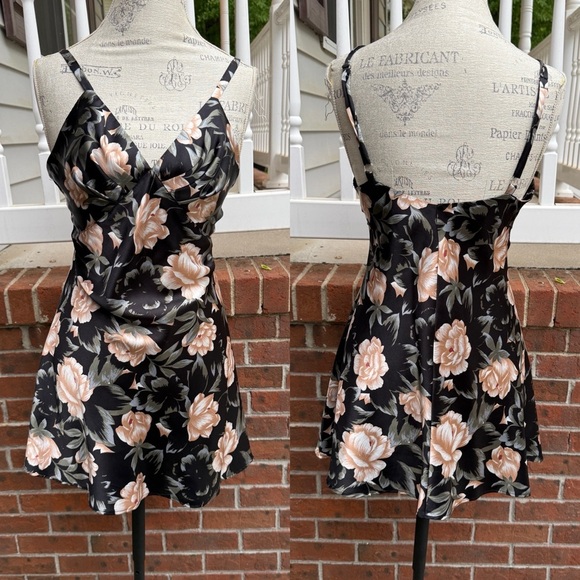 Vintage 90s Y2K Slip Cami Silky Satin Lingerie Dress Size Small Black Floral - Picture 1 of 6